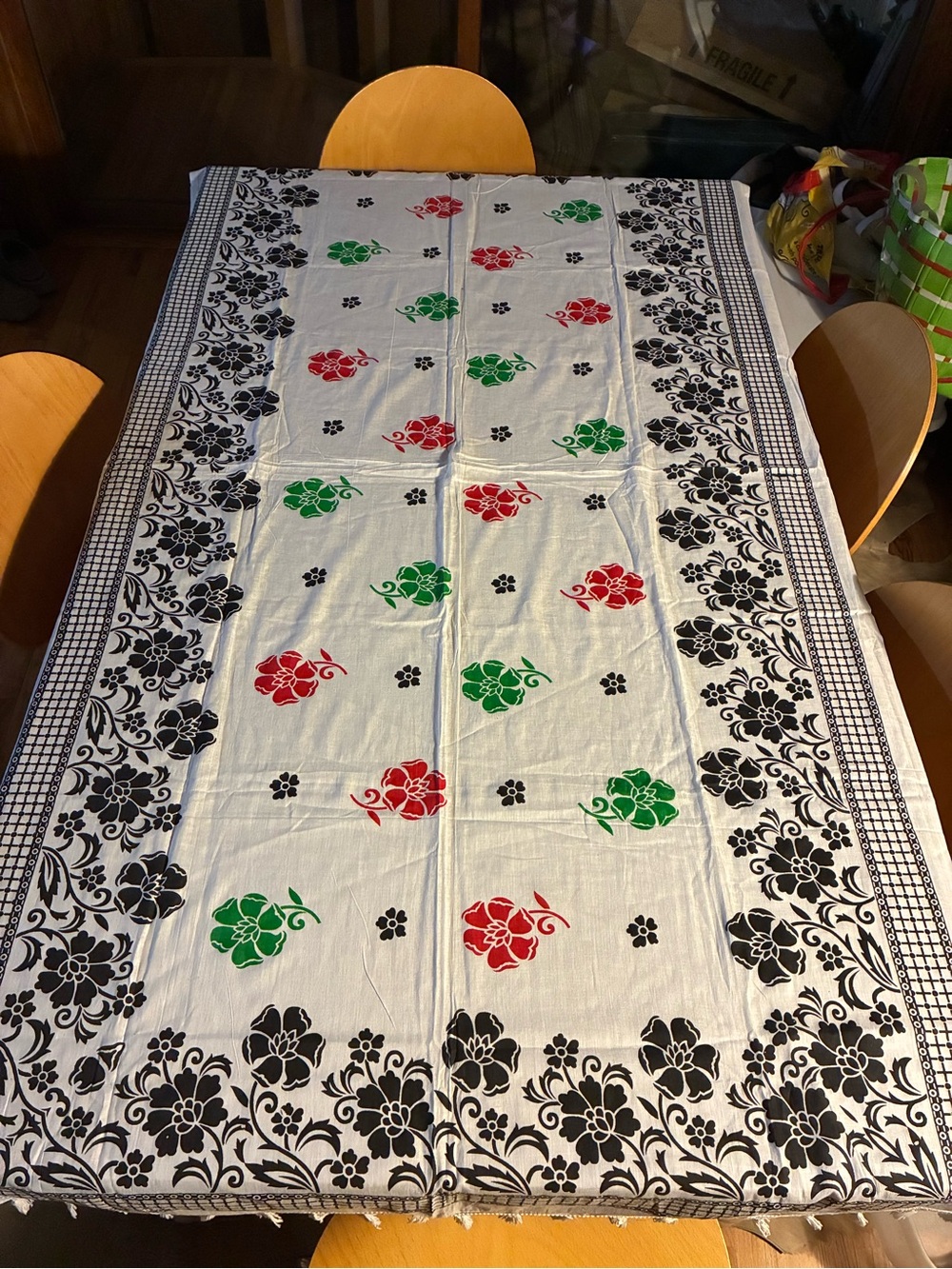 Floral Tassel Tablecloth White/ Red/Green/Black Accents Tablecloth Fits 65”X38”